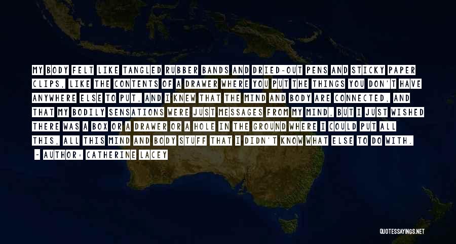 Catherine Lacey Quotes: My Body Felt Like Tangled Rubber Bands And Dried-out Pens And Sticky Paper Clips, Like The Contents Of A Drawer