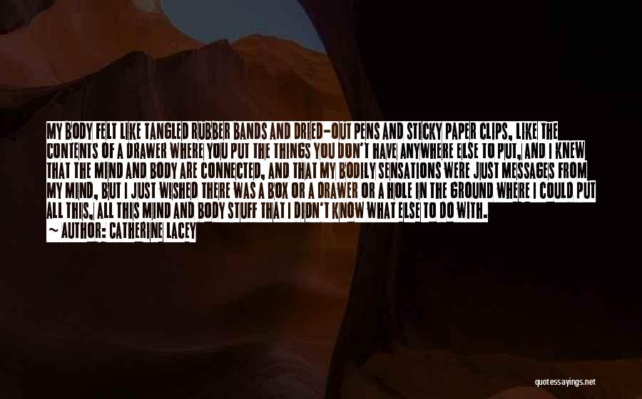 Catherine Lacey Quotes: My Body Felt Like Tangled Rubber Bands And Dried-out Pens And Sticky Paper Clips, Like The Contents Of A Drawer