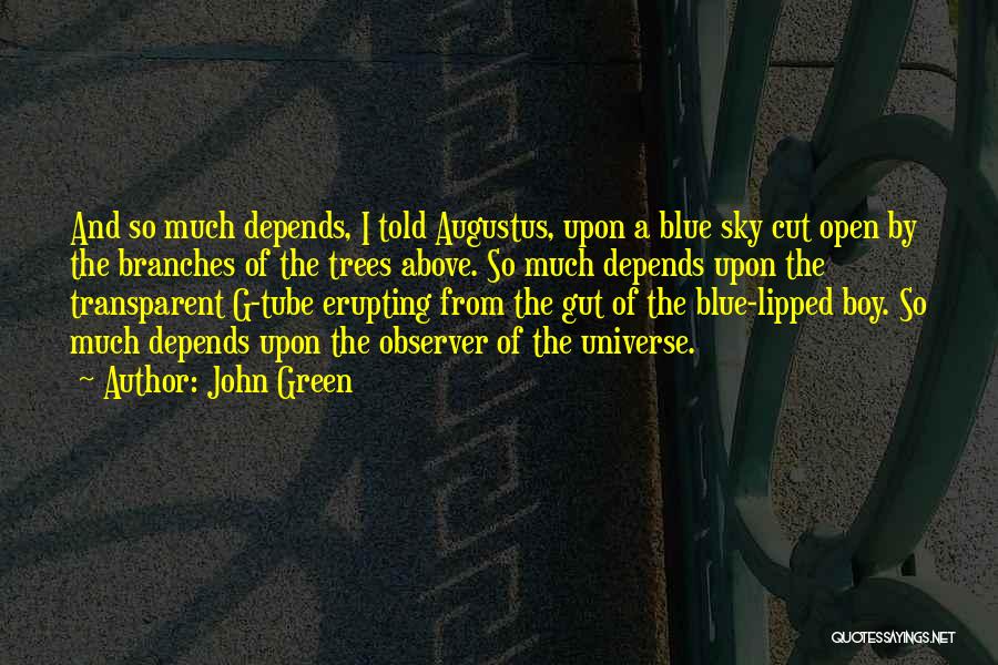 John Green Quotes: And So Much Depends, I Told Augustus, Upon A Blue Sky Cut Open By The Branches Of The Trees Above.