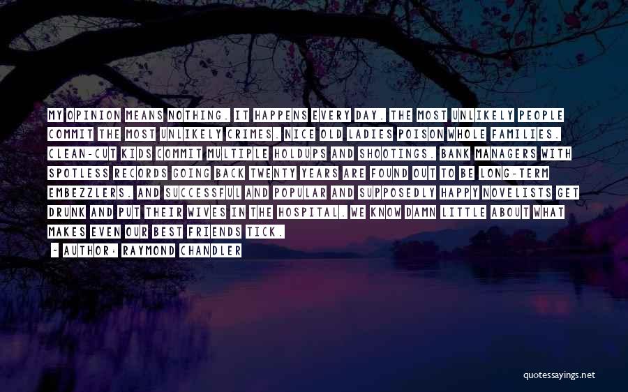Raymond Chandler Quotes: My Opinion Means Nothing. It Happens Every Day. The Most Unlikely People Commit The Most Unlikely Crimes. Nice Old Ladies