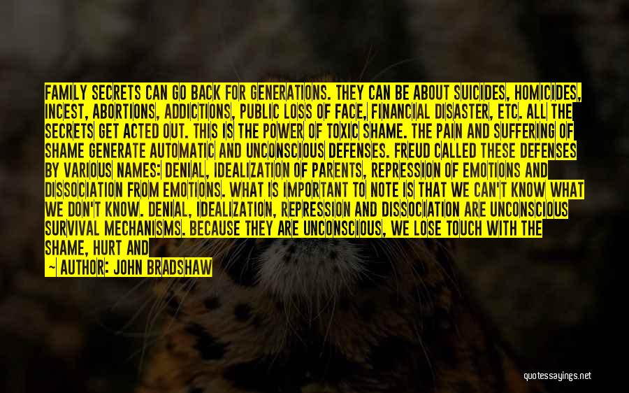 John Bradshaw Quotes: Family Secrets Can Go Back For Generations. They Can Be About Suicides, Homicides, Incest, Abortions, Addictions, Public Loss Of Face,