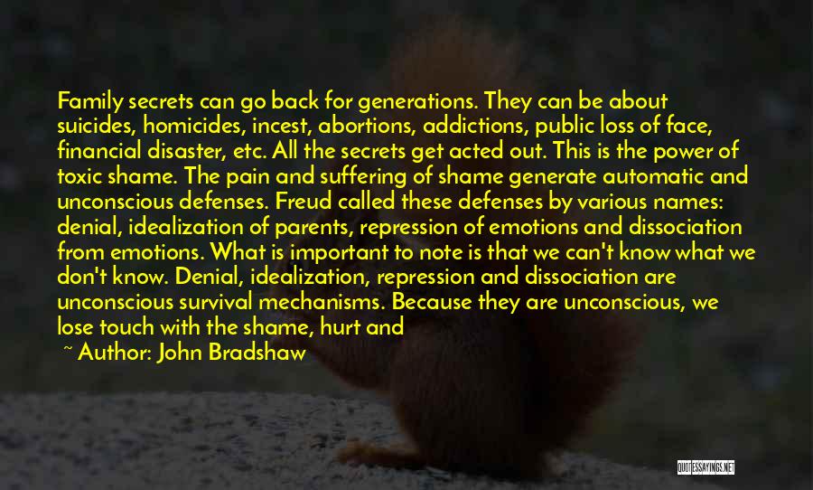 John Bradshaw Quotes: Family Secrets Can Go Back For Generations. They Can Be About Suicides, Homicides, Incest, Abortions, Addictions, Public Loss Of Face,