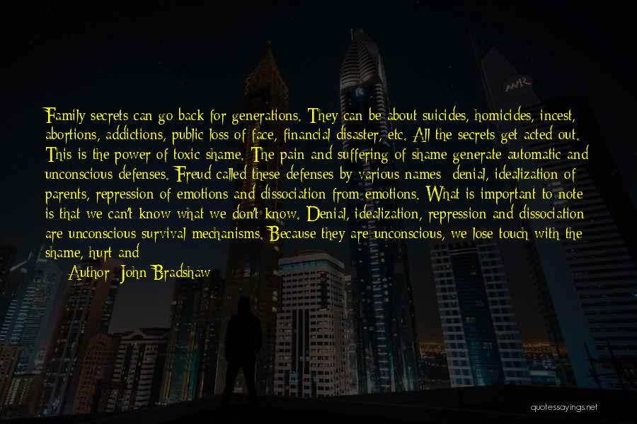 John Bradshaw Quotes: Family Secrets Can Go Back For Generations. They Can Be About Suicides, Homicides, Incest, Abortions, Addictions, Public Loss Of Face,