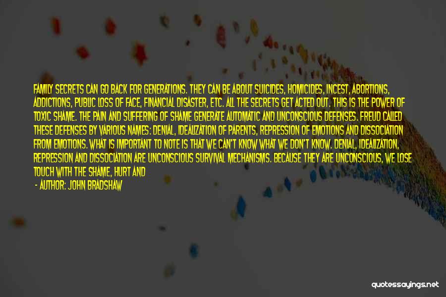 John Bradshaw Quotes: Family Secrets Can Go Back For Generations. They Can Be About Suicides, Homicides, Incest, Abortions, Addictions, Public Loss Of Face,