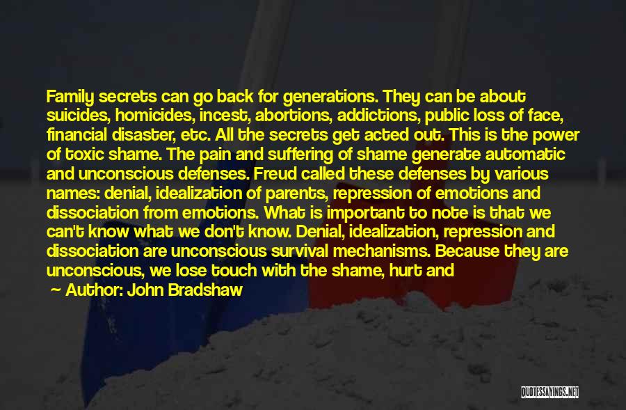 John Bradshaw Quotes: Family Secrets Can Go Back For Generations. They Can Be About Suicides, Homicides, Incest, Abortions, Addictions, Public Loss Of Face,