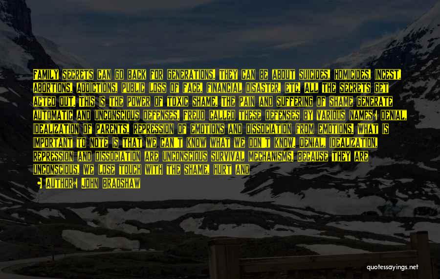 John Bradshaw Quotes: Family Secrets Can Go Back For Generations. They Can Be About Suicides, Homicides, Incest, Abortions, Addictions, Public Loss Of Face,