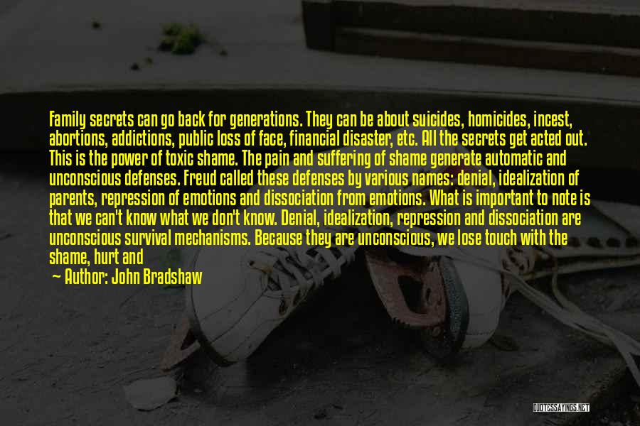 John Bradshaw Quotes: Family Secrets Can Go Back For Generations. They Can Be About Suicides, Homicides, Incest, Abortions, Addictions, Public Loss Of Face,