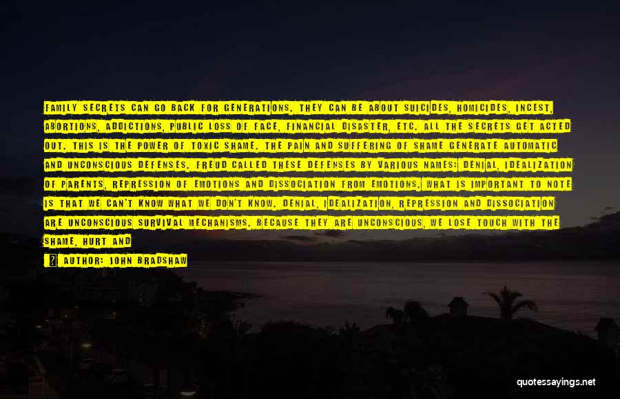 John Bradshaw Quotes: Family Secrets Can Go Back For Generations. They Can Be About Suicides, Homicides, Incest, Abortions, Addictions, Public Loss Of Face,