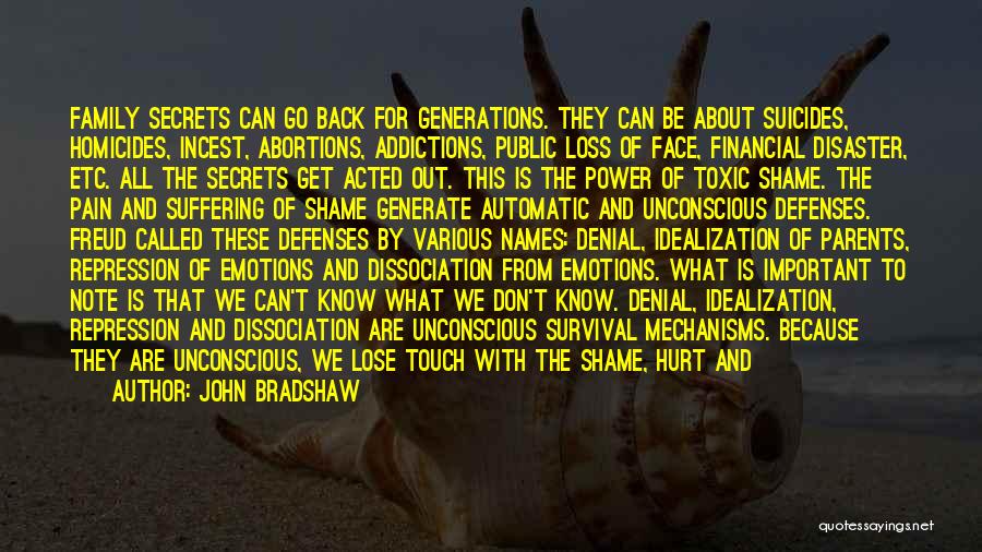 John Bradshaw Quotes: Family Secrets Can Go Back For Generations. They Can Be About Suicides, Homicides, Incest, Abortions, Addictions, Public Loss Of Face,