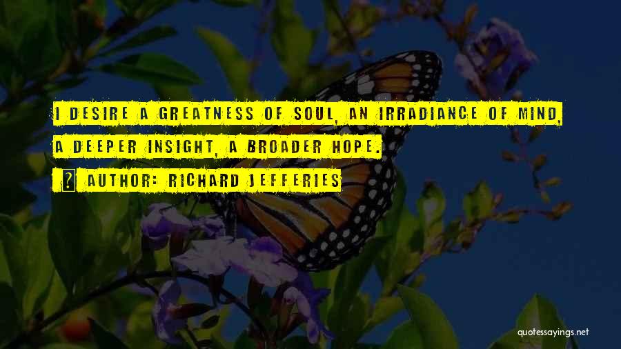 Richard Jefferies Quotes: I Desire A Greatness Of Soul, An Irradiance Of Mind, A Deeper Insight, A Broader Hope.