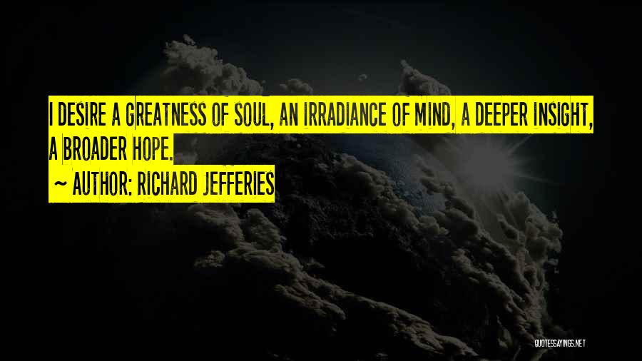 Richard Jefferies Quotes: I Desire A Greatness Of Soul, An Irradiance Of Mind, A Deeper Insight, A Broader Hope.