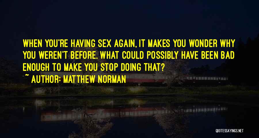 Matthew Norman Quotes: When You're Having Sex Again, It Makes You Wonder Why You Weren't Before. What Could Possibly Have Been Bad Enough