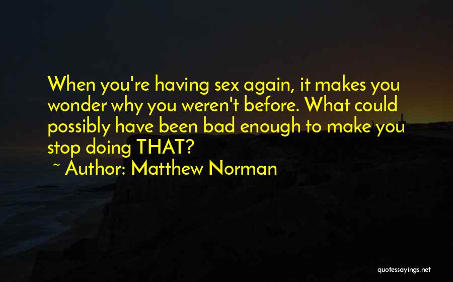 Matthew Norman Quotes: When You're Having Sex Again, It Makes You Wonder Why You Weren't Before. What Could Possibly Have Been Bad Enough