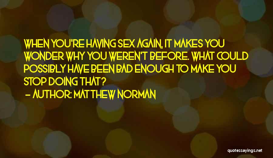 Matthew Norman Quotes: When You're Having Sex Again, It Makes You Wonder Why You Weren't Before. What Could Possibly Have Been Bad Enough
