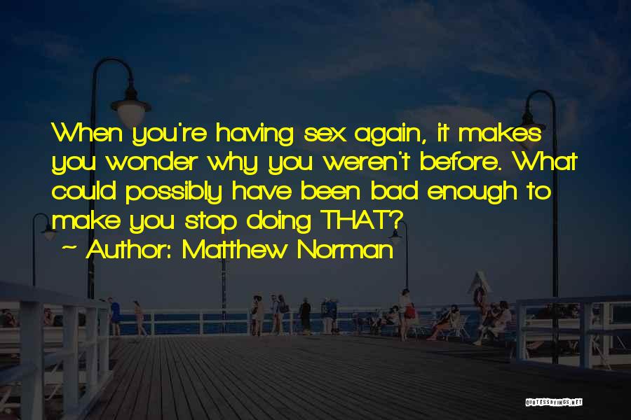 Matthew Norman Quotes: When You're Having Sex Again, It Makes You Wonder Why You Weren't Before. What Could Possibly Have Been Bad Enough