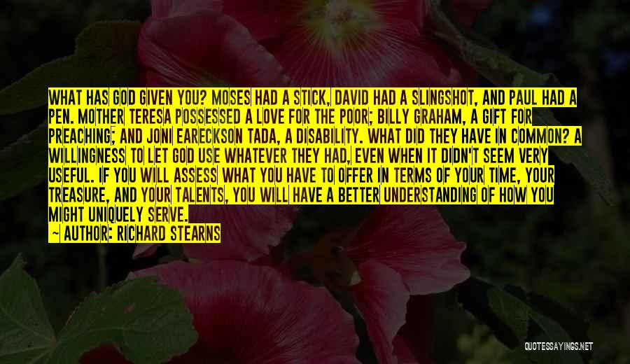 Richard Stearns Quotes: What Has God Given You? Moses Had A Stick, David Had A Slingshot, And Paul Had A Pen. Mother Teresa