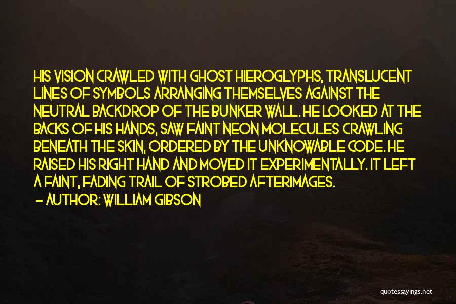 William Gibson Quotes: His Vision Crawled With Ghost Hieroglyphs, Translucent Lines Of Symbols Arranging Themselves Against The Neutral Backdrop Of The Bunker Wall.