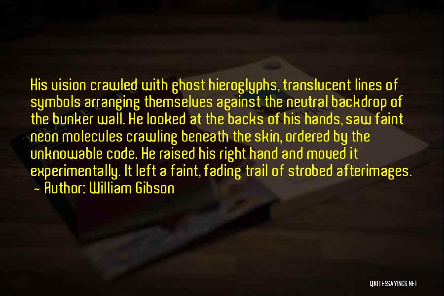 William Gibson Quotes: His Vision Crawled With Ghost Hieroglyphs, Translucent Lines Of Symbols Arranging Themselves Against The Neutral Backdrop Of The Bunker Wall.