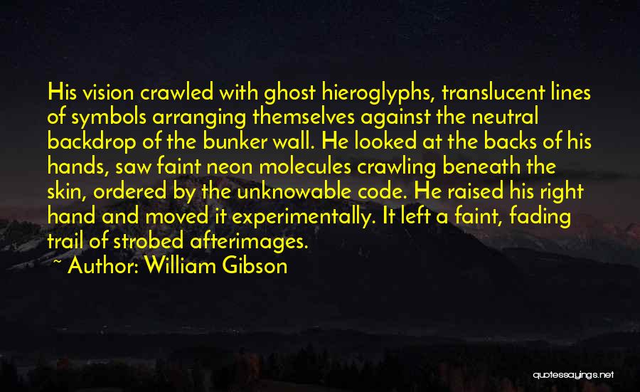 William Gibson Quotes: His Vision Crawled With Ghost Hieroglyphs, Translucent Lines Of Symbols Arranging Themselves Against The Neutral Backdrop Of The Bunker Wall.