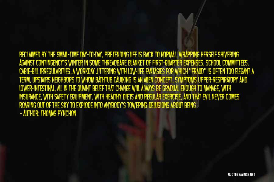 Thomas Pynchon Quotes: Reclaimed By The Small-time Day-to-day, Pretending Life Is Back To Normal, Wrapping Herself Shivering Against Contingency's Winter In Some Threadbare