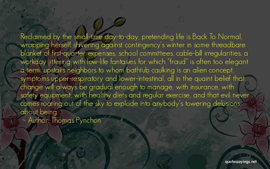 Thomas Pynchon Quotes: Reclaimed By The Small-time Day-to-day, Pretending Life Is Back To Normal, Wrapping Herself Shivering Against Contingency's Winter In Some Threadbare