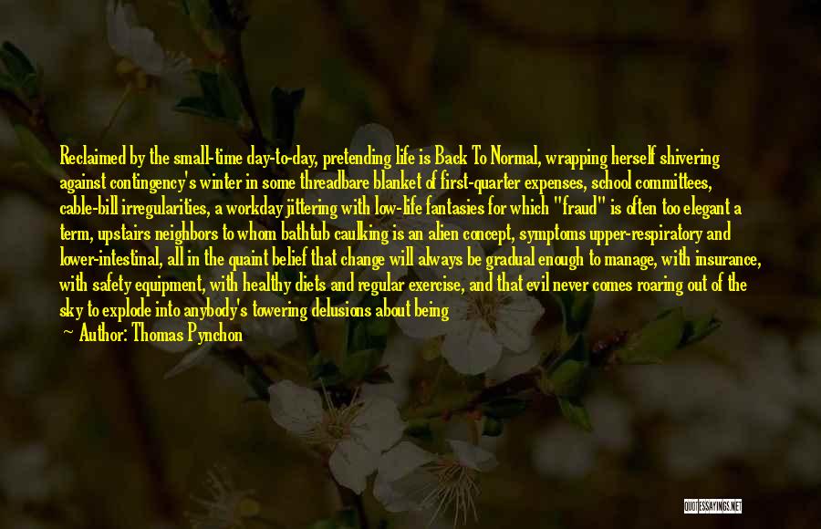 Thomas Pynchon Quotes: Reclaimed By The Small-time Day-to-day, Pretending Life Is Back To Normal, Wrapping Herself Shivering Against Contingency's Winter In Some Threadbare