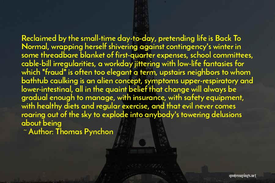 Thomas Pynchon Quotes: Reclaimed By The Small-time Day-to-day, Pretending Life Is Back To Normal, Wrapping Herself Shivering Against Contingency's Winter In Some Threadbare