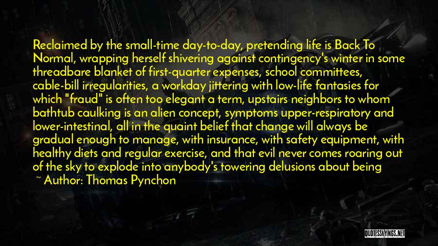 Thomas Pynchon Quotes: Reclaimed By The Small-time Day-to-day, Pretending Life Is Back To Normal, Wrapping Herself Shivering Against Contingency's Winter In Some Threadbare