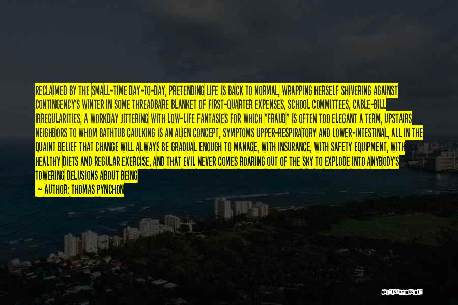 Thomas Pynchon Quotes: Reclaimed By The Small-time Day-to-day, Pretending Life Is Back To Normal, Wrapping Herself Shivering Against Contingency's Winter In Some Threadbare