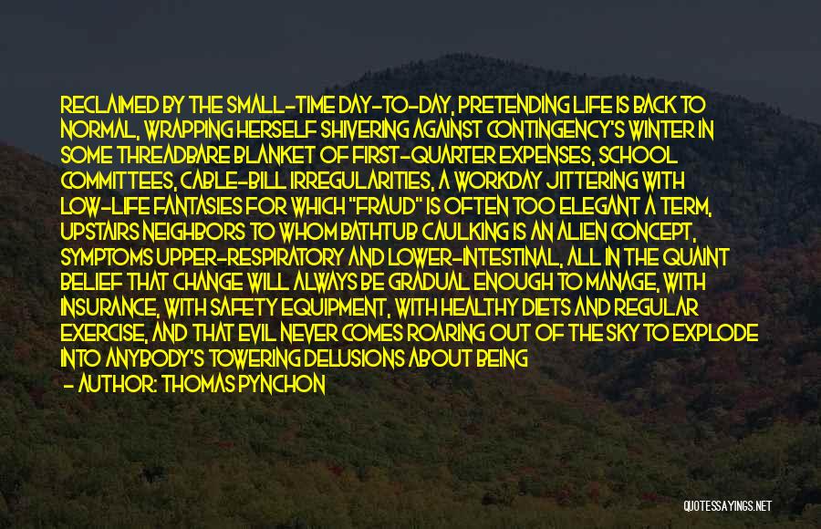 Thomas Pynchon Quotes: Reclaimed By The Small-time Day-to-day, Pretending Life Is Back To Normal, Wrapping Herself Shivering Against Contingency's Winter In Some Threadbare