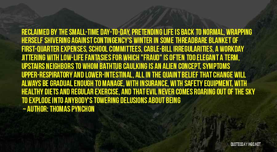 Thomas Pynchon Quotes: Reclaimed By The Small-time Day-to-day, Pretending Life Is Back To Normal, Wrapping Herself Shivering Against Contingency's Winter In Some Threadbare