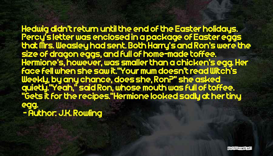 J.K. Rowling Quotes: Hedwig Didn't Return Until The End Of The Easter Holidays. Percy's Letter Was Enclosed In A Package Of Easter Eggs