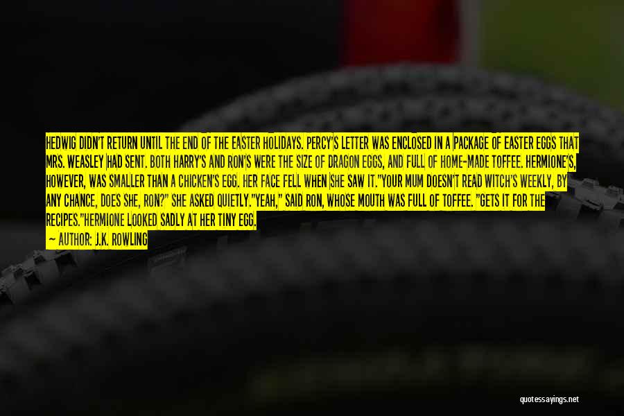 J.K. Rowling Quotes: Hedwig Didn't Return Until The End Of The Easter Holidays. Percy's Letter Was Enclosed In A Package Of Easter Eggs