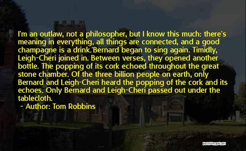 Tom Robbins Quotes: I'm An Outlaw, Not A Philosopher, But I Know This Much: There's Meaning In Everything, All Things Are Connected, And