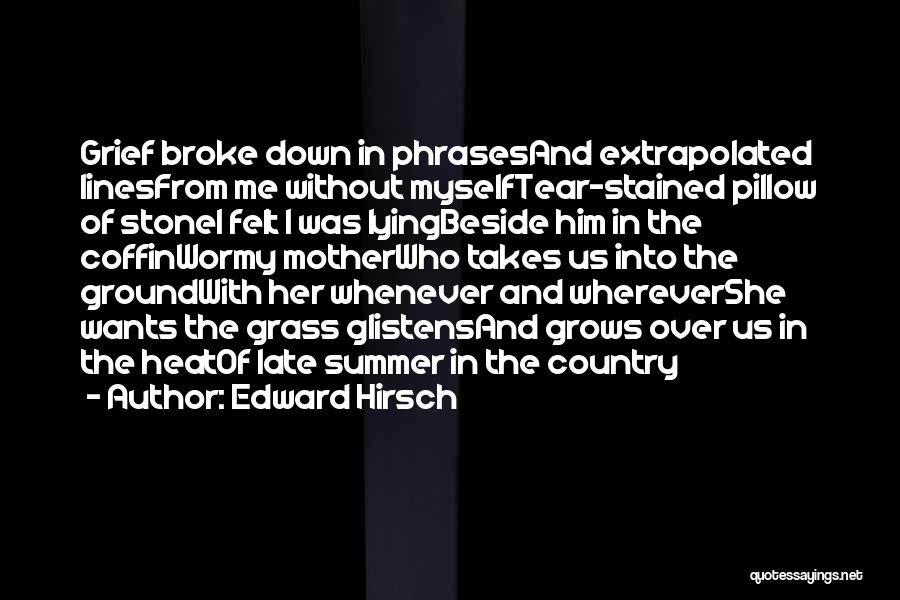 Edward Hirsch Quotes: Grief Broke Down In Phrasesand Extrapolated Linesfrom Me Without Myselftear-stained Pillow Of Stonei Felt I Was Lyingbeside Him In The