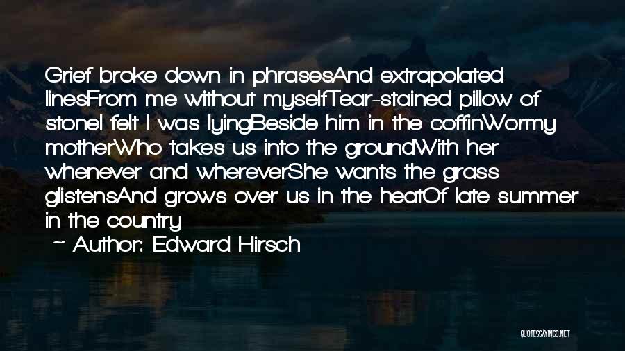 Edward Hirsch Quotes: Grief Broke Down In Phrasesand Extrapolated Linesfrom Me Without Myselftear-stained Pillow Of Stonei Felt I Was Lyingbeside Him In The