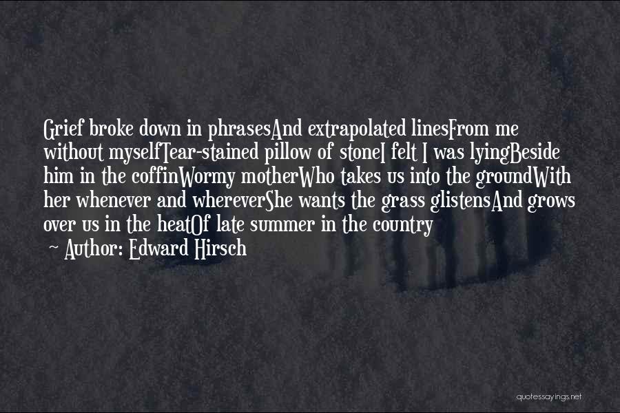 Edward Hirsch Quotes: Grief Broke Down In Phrasesand Extrapolated Linesfrom Me Without Myselftear-stained Pillow Of Stonei Felt I Was Lyingbeside Him In The