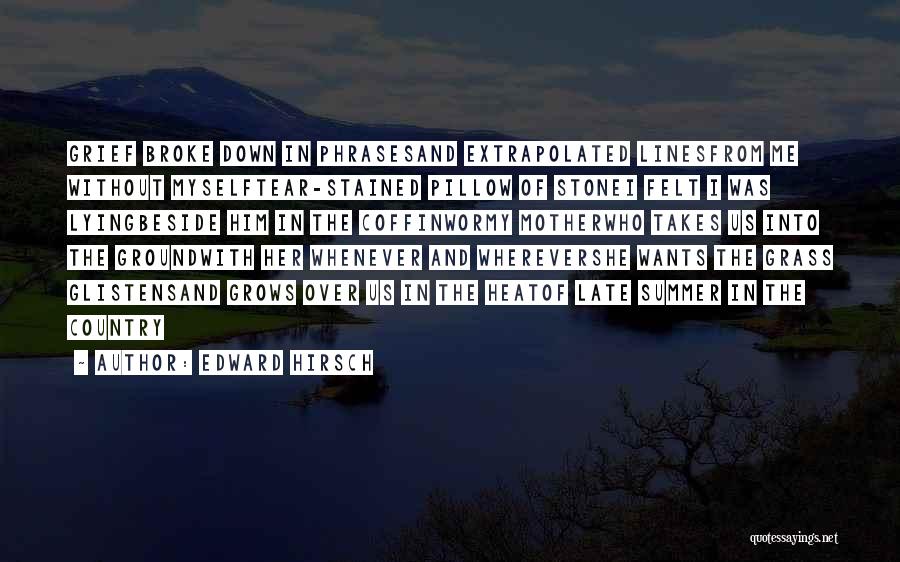 Edward Hirsch Quotes: Grief Broke Down In Phrasesand Extrapolated Linesfrom Me Without Myselftear-stained Pillow Of Stonei Felt I Was Lyingbeside Him In The