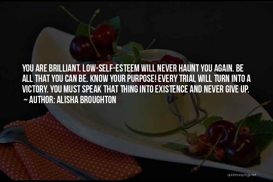 Alisha Broughton Quotes: You Are Brilliant. Low-self-esteem Will Never Haunt You Again. Be All That You Can Be. Know Your Purpose! Every Trial