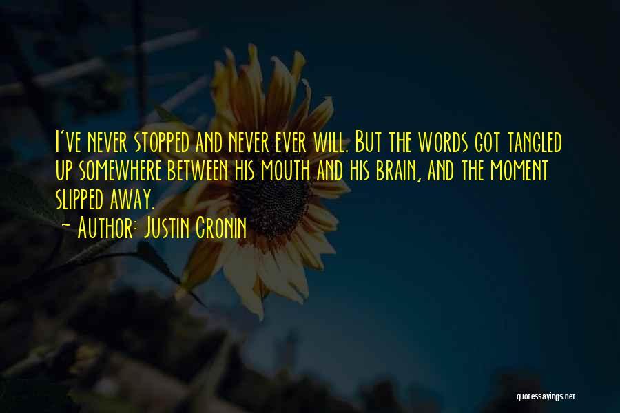 Justin Cronin Quotes: I've Never Stopped And Never Ever Will. But The Words Got Tangled Up Somewhere Between His Mouth And His Brain,