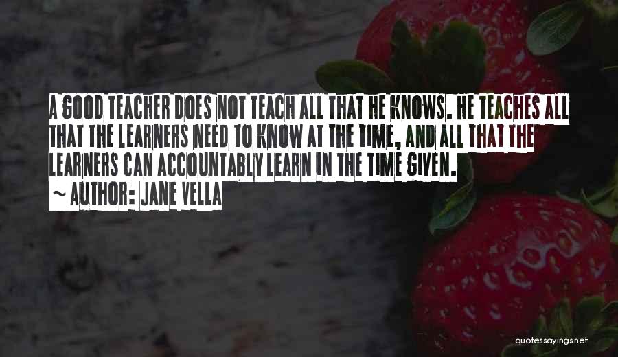 Jane Vella Quotes: A Good Teacher Does Not Teach All That He Knows. He Teaches All That The Learners Need To Know At