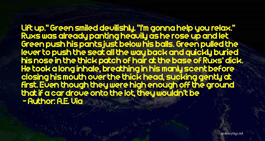 A.E. Via Quotes: Lift Up. Green Smiled Devilishly. I'm Gonna Help You Relax. Ruxs Was Already Panting Heavily As He Rose Up And