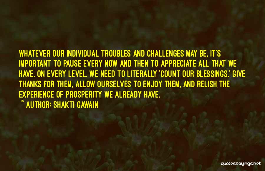 Shakti Gawain Quotes: Whatever Our Individual Troubles And Challenges May Be, It's Important To Pause Every Now And Then To Appreciate All That