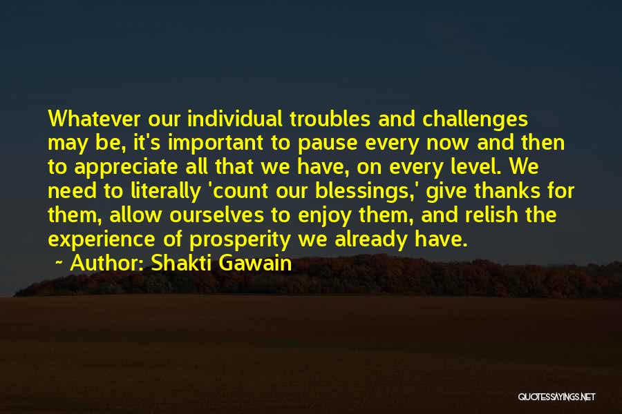 Shakti Gawain Quotes: Whatever Our Individual Troubles And Challenges May Be, It's Important To Pause Every Now And Then To Appreciate All That