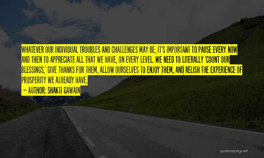 Shakti Gawain Quotes: Whatever Our Individual Troubles And Challenges May Be, It's Important To Pause Every Now And Then To Appreciate All That