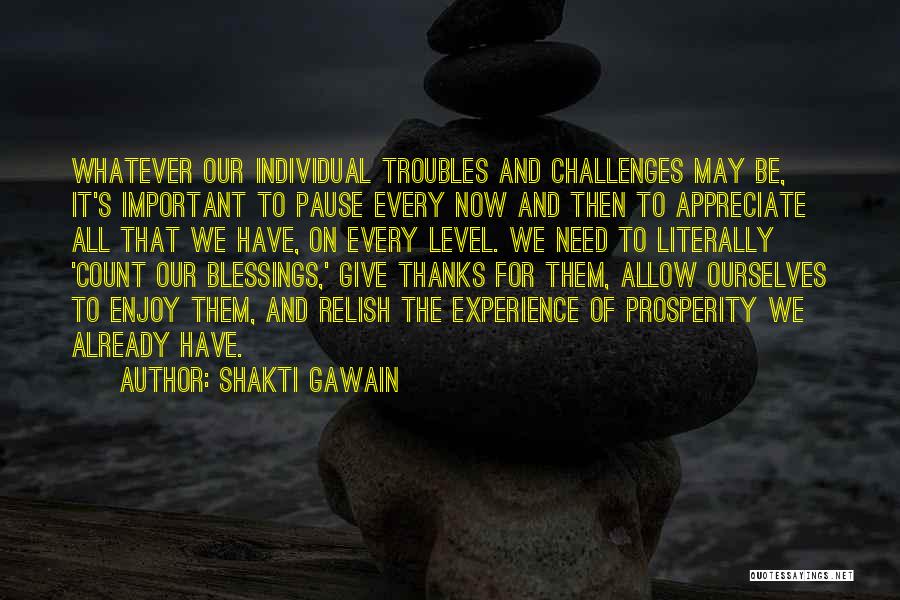 Shakti Gawain Quotes: Whatever Our Individual Troubles And Challenges May Be, It's Important To Pause Every Now And Then To Appreciate All That