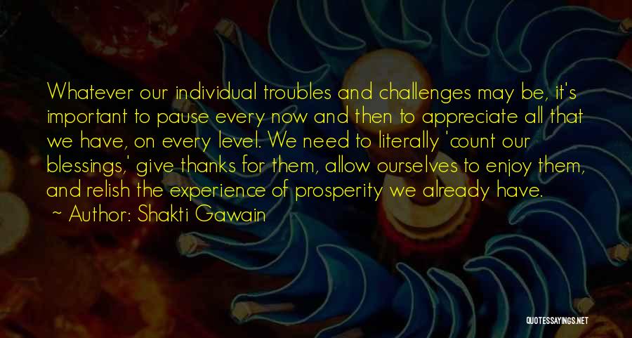 Shakti Gawain Quotes: Whatever Our Individual Troubles And Challenges May Be, It's Important To Pause Every Now And Then To Appreciate All That