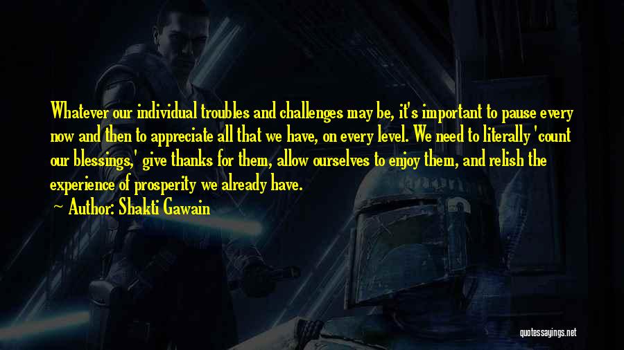 Shakti Gawain Quotes: Whatever Our Individual Troubles And Challenges May Be, It's Important To Pause Every Now And Then To Appreciate All That