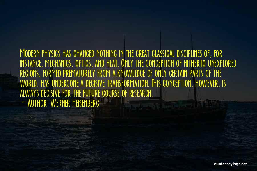 Werner Heisenberg Quotes: Modern Physics Has Changed Nothing In The Great Classical Disciplines Of, For Instance, Mechanics, Optics, And Heat. Only The Conception