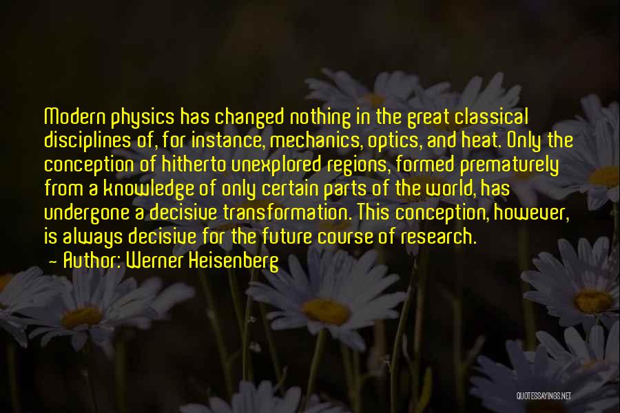 Werner Heisenberg Quotes: Modern Physics Has Changed Nothing In The Great Classical Disciplines Of, For Instance, Mechanics, Optics, And Heat. Only The Conception